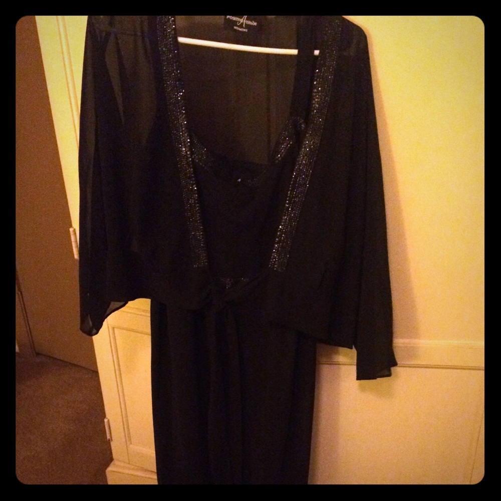 Positive Attitude brand, Formal floor length dress, black and silver trim, 18